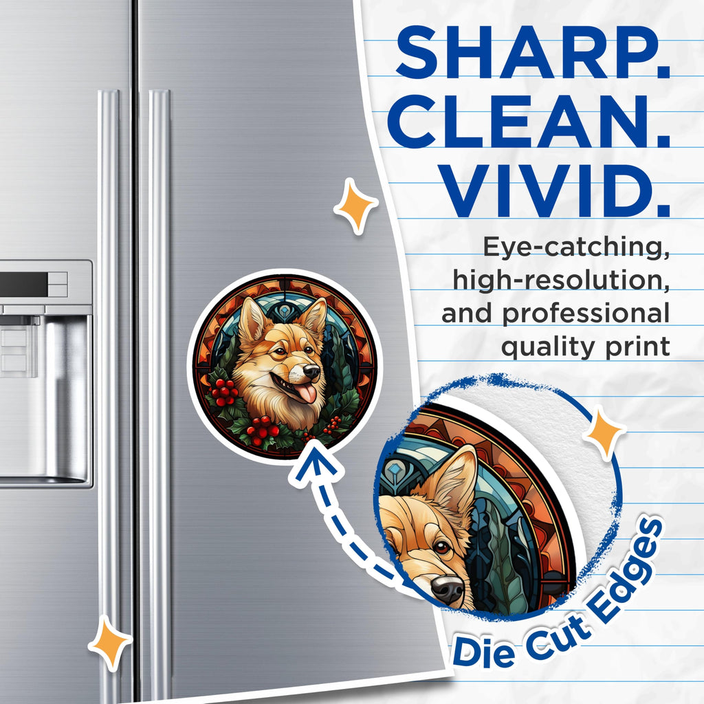 (2 Pack) Corgi Magnets - Stained Glass Dog Art - Christmas Holiday Decor for Pet Lovers - 5 Inches On Longest Side - Thick Durable Magnet - Made in USA - MAG27123