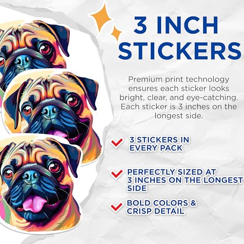 (3 Pack) Pug Decals - Colorful Dog Decals - Laptop Decal - 3 Inches On Longest Side - Easy Peel & Apply - Made in USA - 3MCS0801