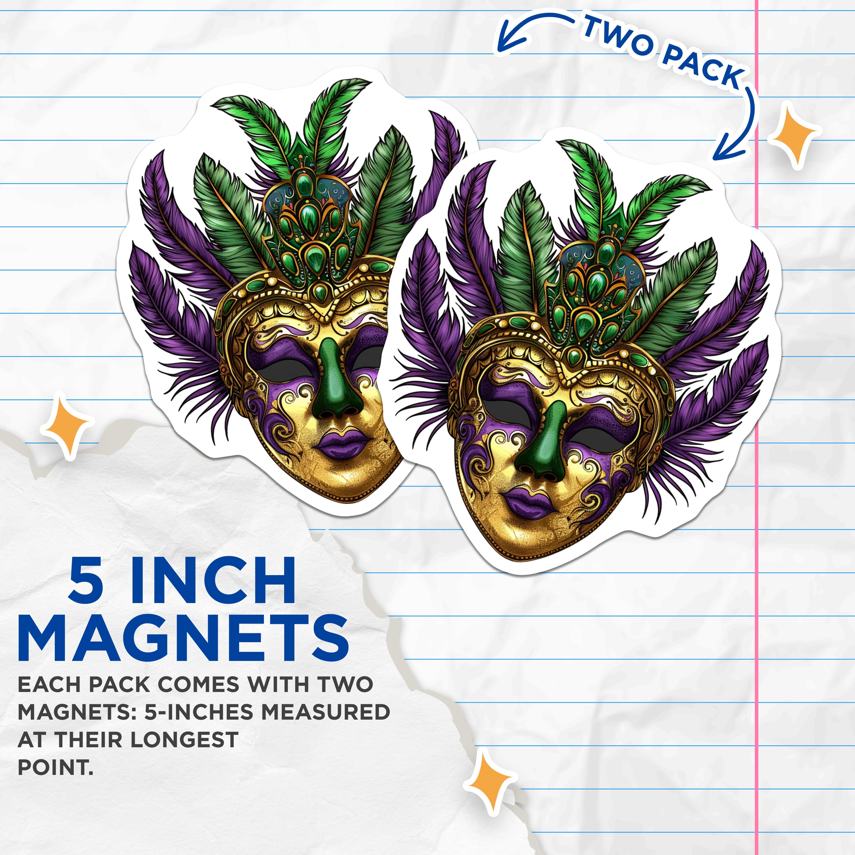 (2 Pack) Mardi Gras Mask Magnets - New Orleans Carnival Decor - Purple Green Gold Festive Display - 5 Inches On Longest Side - Thick Durable Magnet - Made in USA - MAG36114
