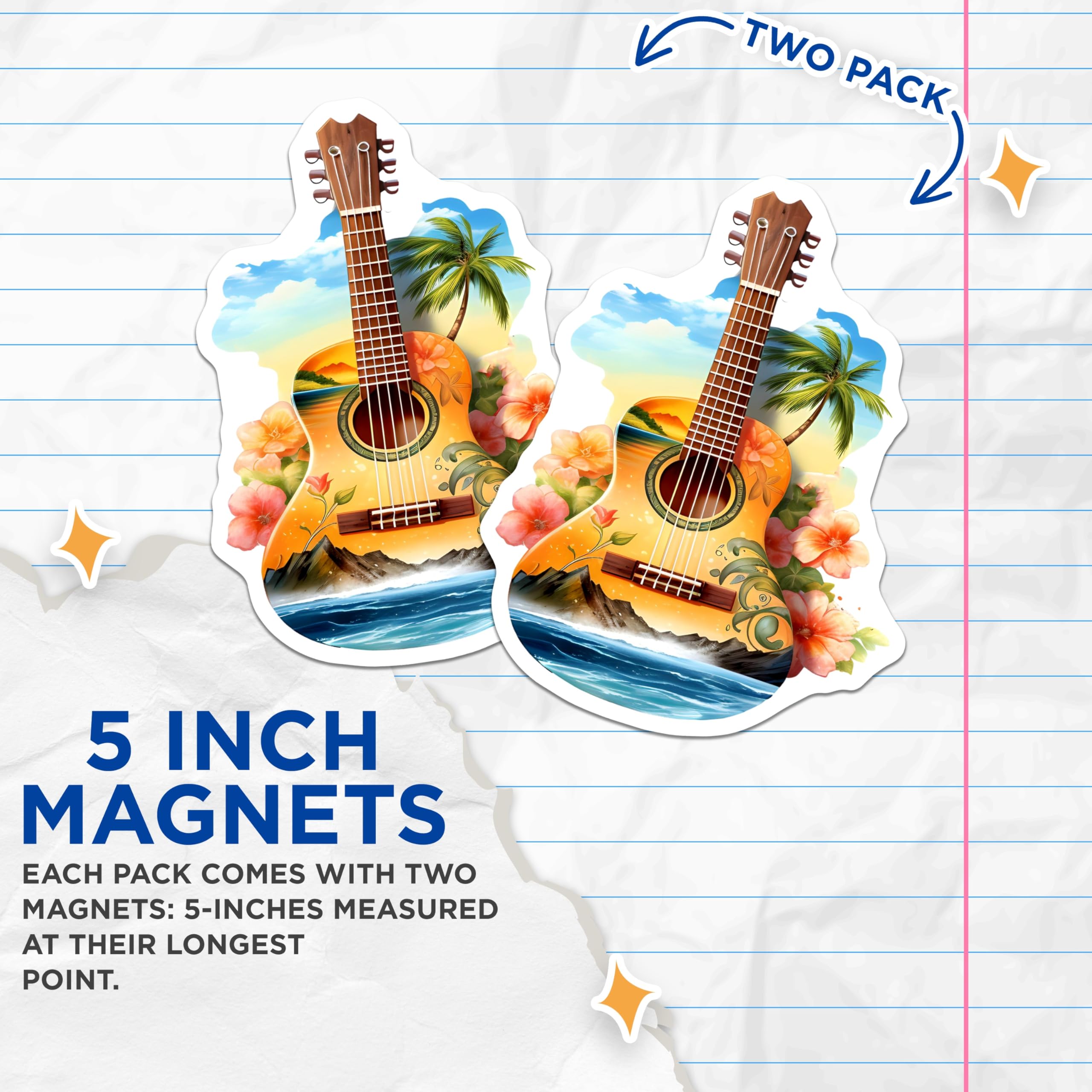 (2 Pack) Tropical Guitar Magnets - Hawaiian Island Vibes - Ocean Beach Palm Tree Art - Scenic Landscape Fridge Decoration - 5 Inches On Longest Side - Thick Durable Magnet - Made in USA - MAG23081
