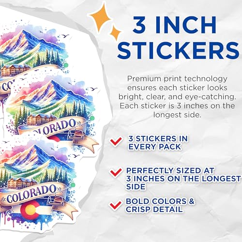 (3 Pack) Colorado Decals - Mountain Scene - Souvenir- 3 Inches On Longest Side - Easy Peel & Apply - Made in USA - 3MCS5699