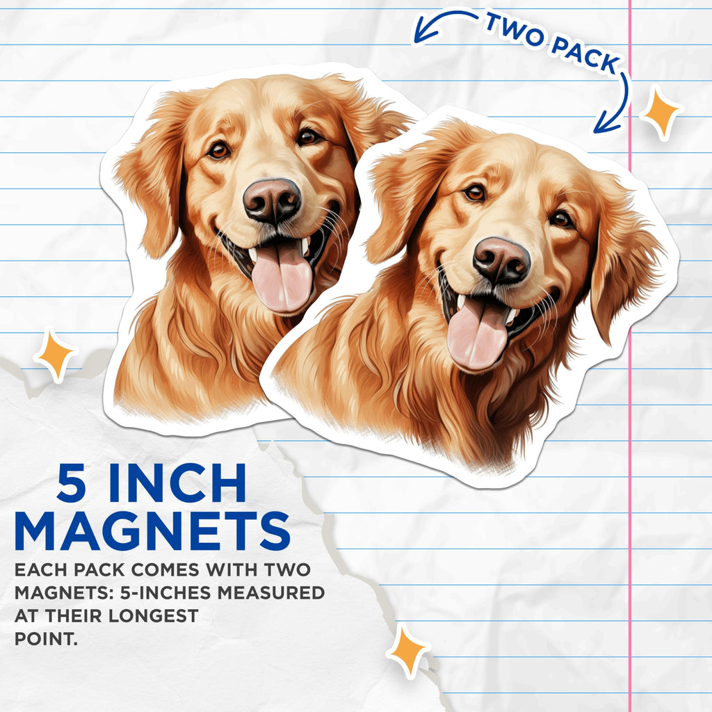 (2 Pack) Happy Golden Retriever Magnets - Dog Lover Kitchen Decor - Pet Parent Refrigerator Art - 5 Inches On Longest Side - Thick Durable Magnet - Made in USA - MAG29104