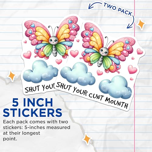 (2 Pack) Cute Butterfly Stickers - Funny Quote Stickers - Colorful Design - 5" On Longest Side - Sticks to Smooth Flat Surfaces - Made in USA - BMCS9685