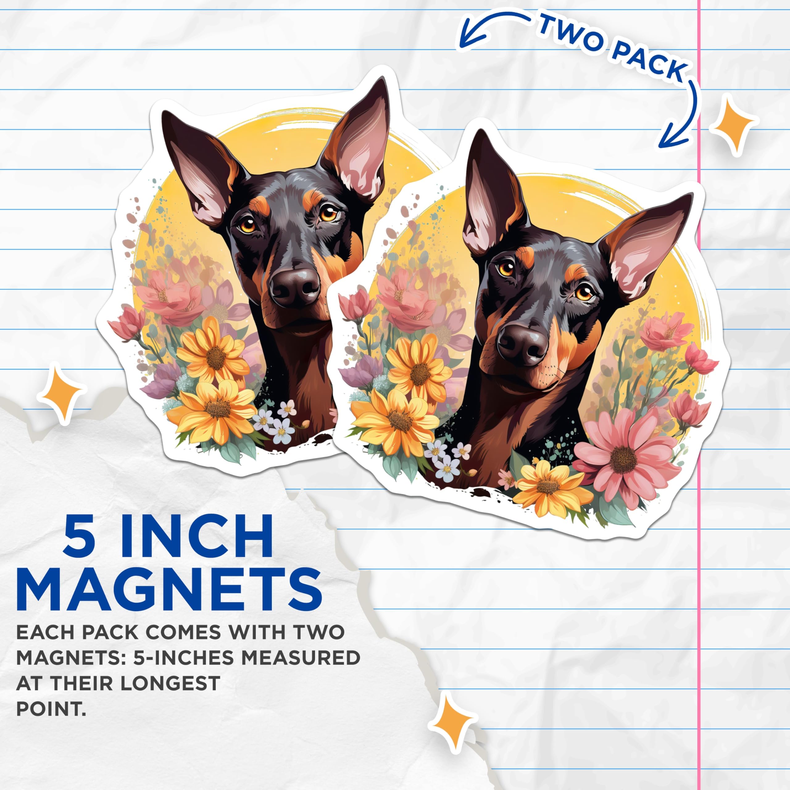 (2 Pack) Doberman Magnets - Floral Dog Art - Pet Parent Refrigerator Decor - Pinscher Enthusiast - 5 Inches On Longest Side - Thick Durable Magnet - Made in USA - MAG25889