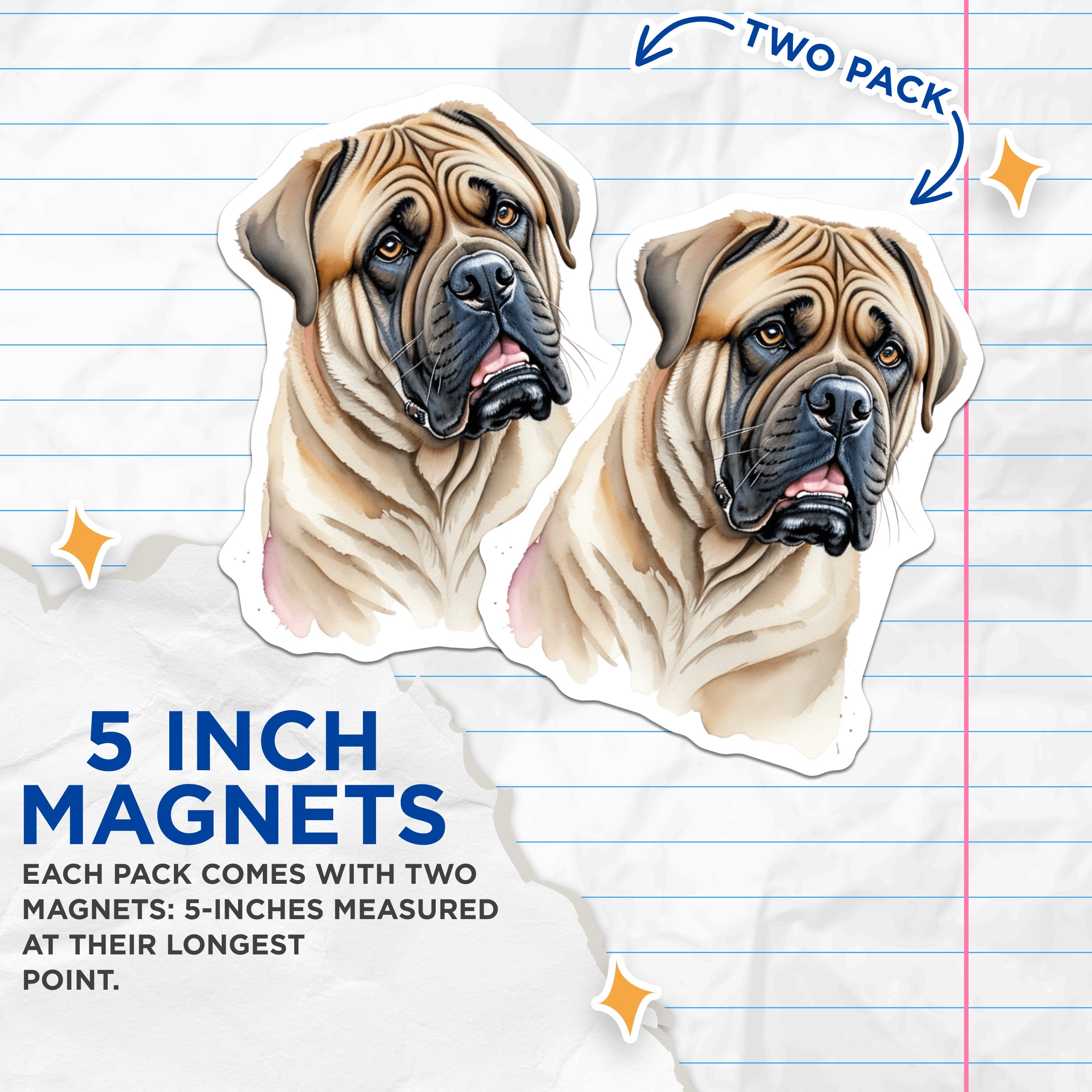 (2 Pack) Bullmastiff Dog Magnets - Watercolor Pet Art - Large Dog Breed Decor - Dog Lover Owner Gift - 5 Inches On Longest Side - Thick Durable Magnet - Made in USA - MAG36842