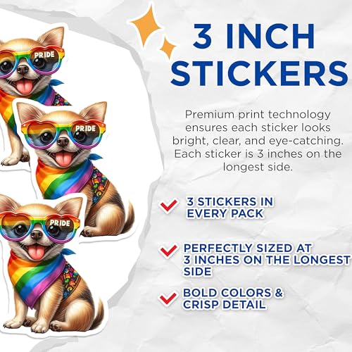 (3 Pack) Pride Chihuahua Decals - Rainbow Dog - Laptop Decals- 3 Inches On Longest Side - Easy Peel & Apply - Made in USA - 3MCS5246