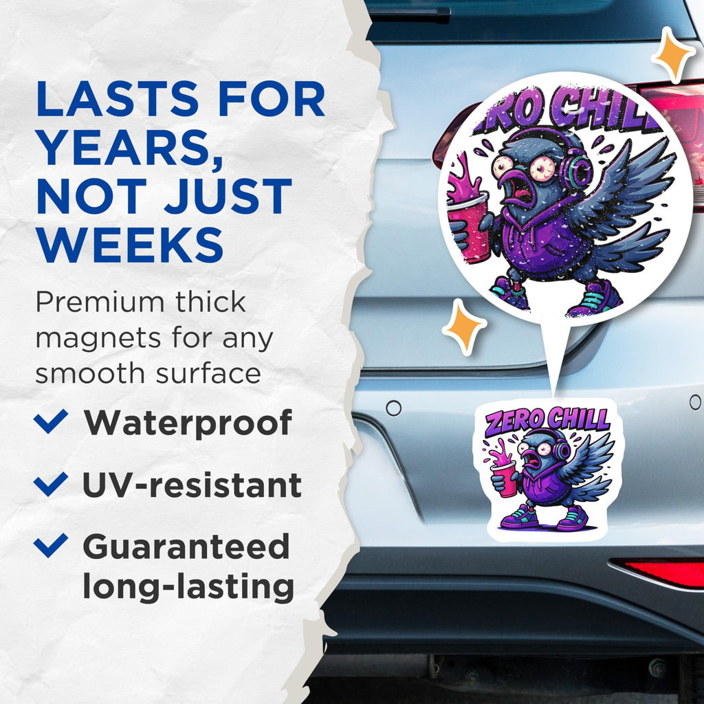 (2 Pack) Zero Chill Pigeon Magnets - Funny Cartoon Bird - Streetwear Locker Decor - 5 Inches On Longest Side - Thick Durable Magnet - Made in USA - MAG23017