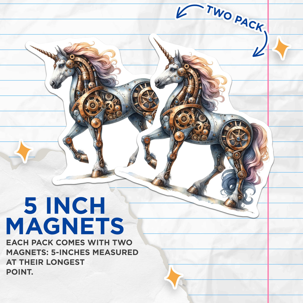 (2 Pack) Steampunk Unicorn Magnets - Mechanical Fantasy Decor - Whimsical Mythical Art - 5 Inches On Longest Side - Thick Durable Magnet - Made in USA - MAG36634