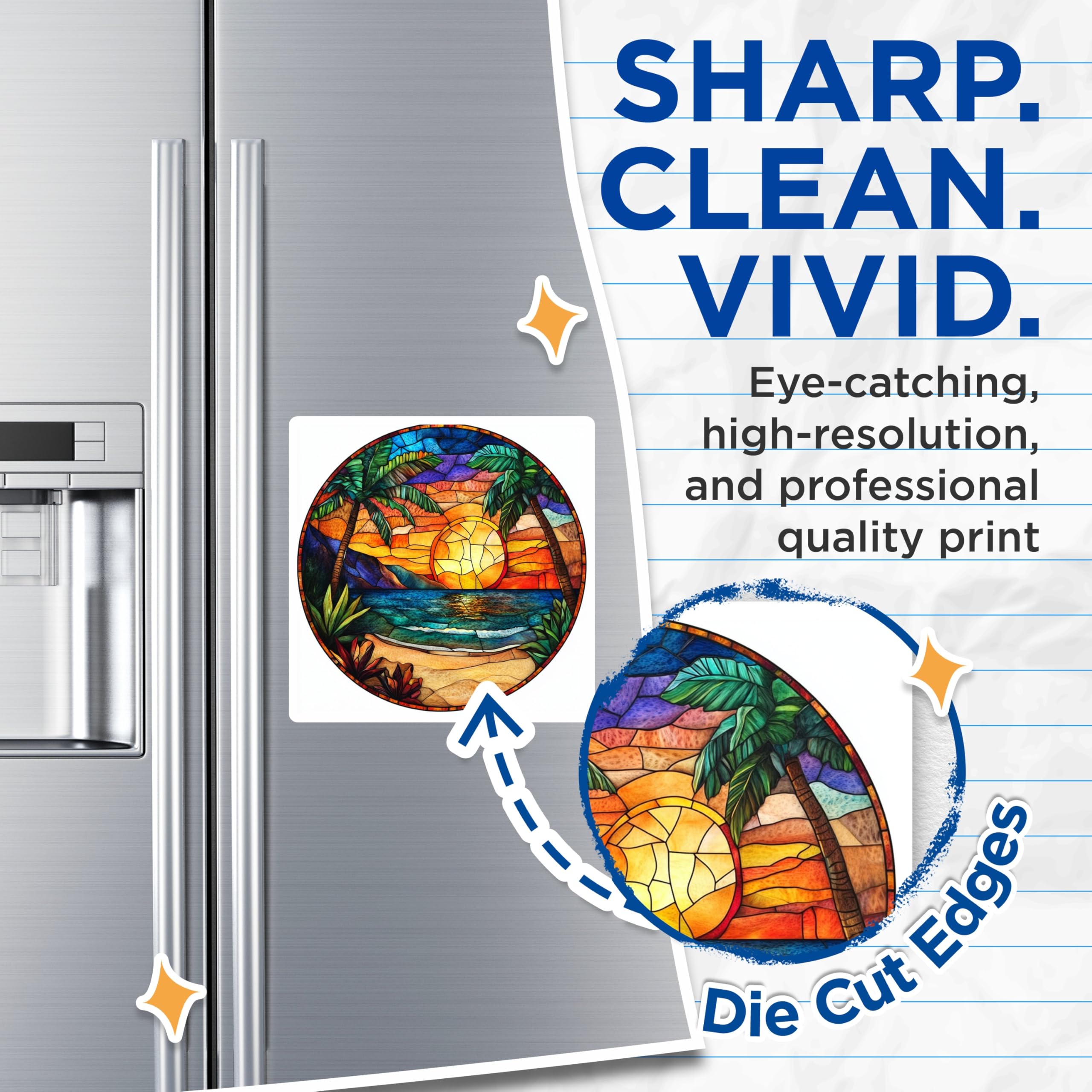(2 Pack) Stained Glass Sunset Magnets - Tropical Ocean Beach Decor - Vibrant Palm Tree Art Round Design Aesthetic - 5 Inches On Longest Side - Thick Durable Magnet - Made in USA - MAG24204