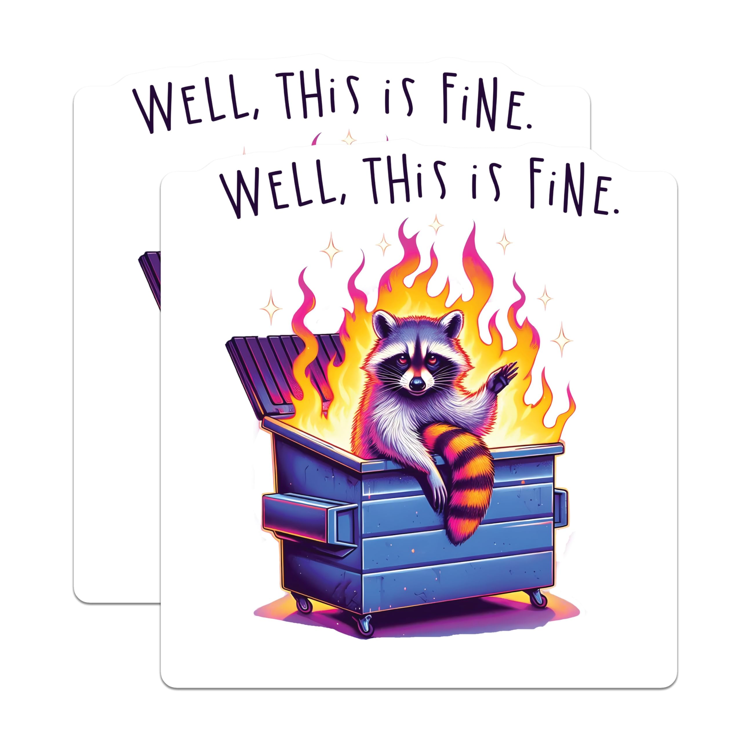 (2 Pack) This is Fine Raccoon Dumpster Fire Stickers - Funny Trash Panda Meme Stickers - Humorous Animal Decal - 5" On Longest Side - Sticks to Smooth Flat Surfaces - Made in USA - BMCS3739