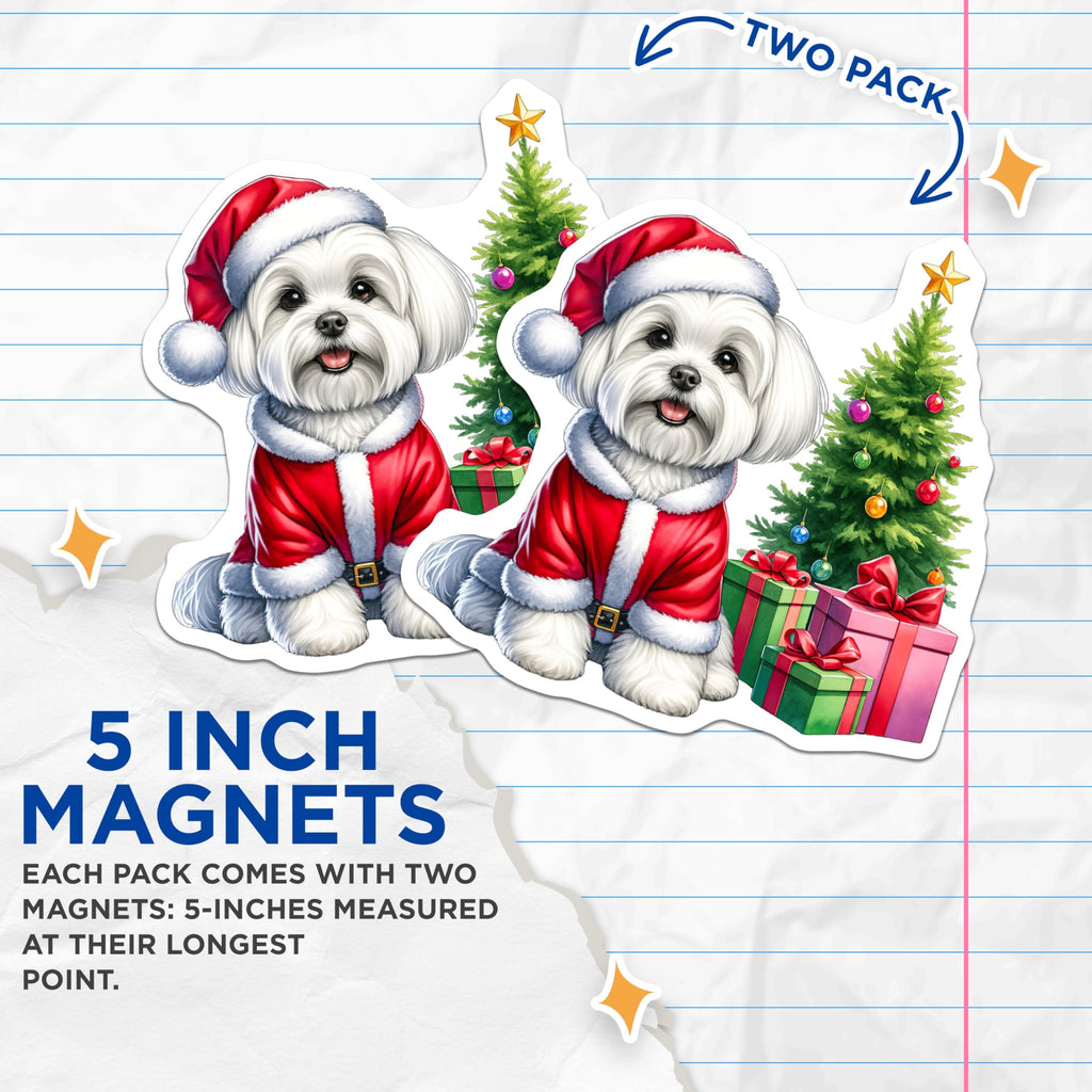 (2 Pack) Maltese Dog Christmas Magnets - Santa Puppy Decor - Holiday Pet Lover Kitchen - 5 Inches On Longest Side - Thick Durable Magnet - Made in USA - MAG29801