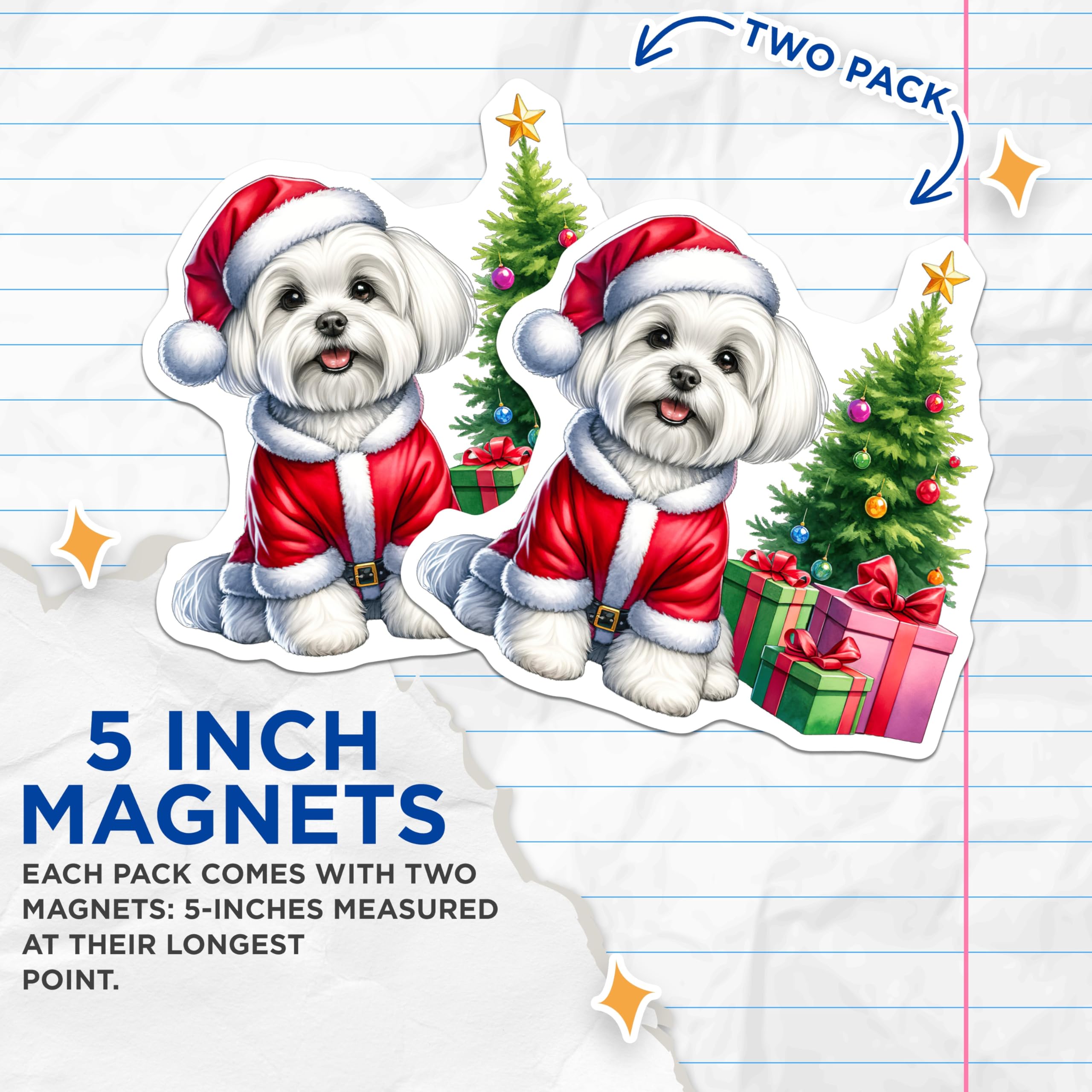 (2 Pack) Maltese Dog Christmas Magnets - Santa Puppy Decor - Holiday Pet Lover Kitchen - 5 Inches On Longest Side - Thick Durable Magnet - Made in USA - MAG29801