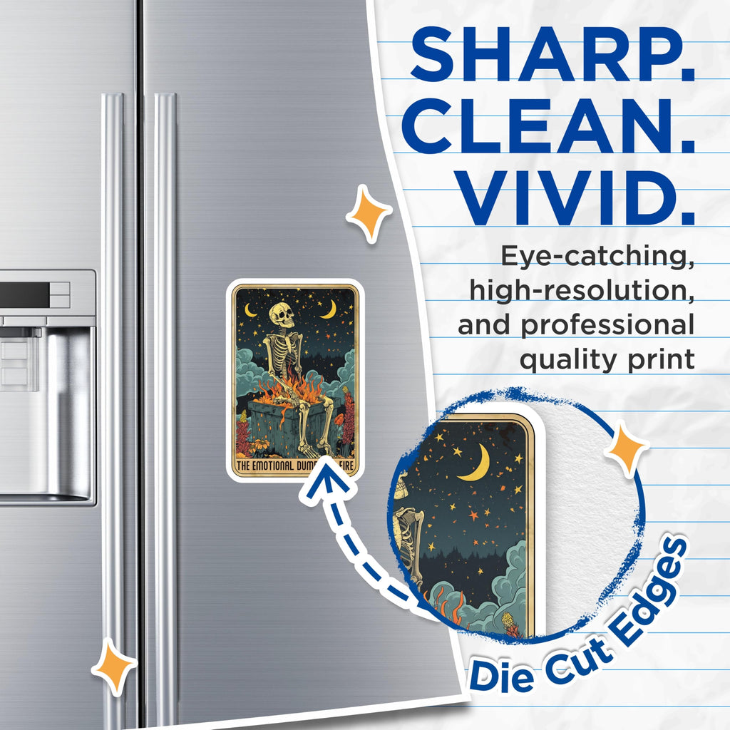 (2 Pack) Emotional Dumpster Fire Magnets - Skeleton Tarot Card Art - Dark Humor Fridge Decor - 5 Inches On Longest Side - Thick Durable Magnet - Made in USA - MAG23463