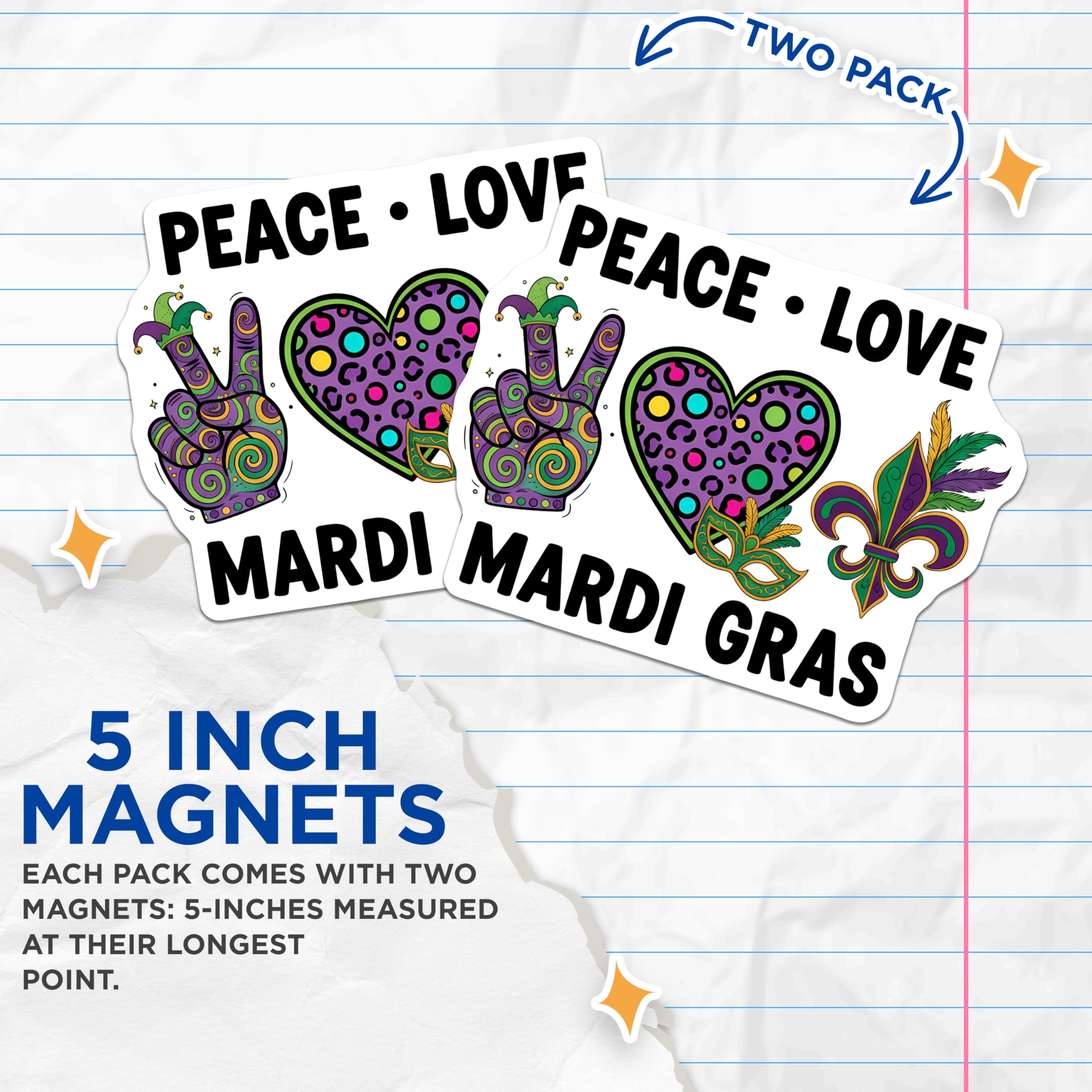 (2 Pack) Mardi Gras Magnets - Peace Love - Celebration Magnets - 5" On Longest Side - Premium Magnet - for Cars, Refrigerators, Toolboxes, Lockers - Made in USA - MAG14755