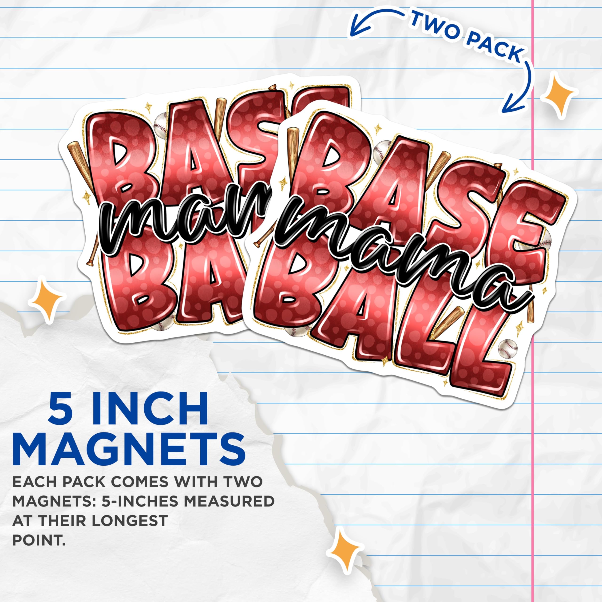 (2 Pack) Baseball Mama Magnets - Team Spirit Locker Decor - Game Day Refrigerator Display - Proud Fan Accessory - 5 Inches On Longest Side - Thick Durable Magnet - Made in USA - MAG28717