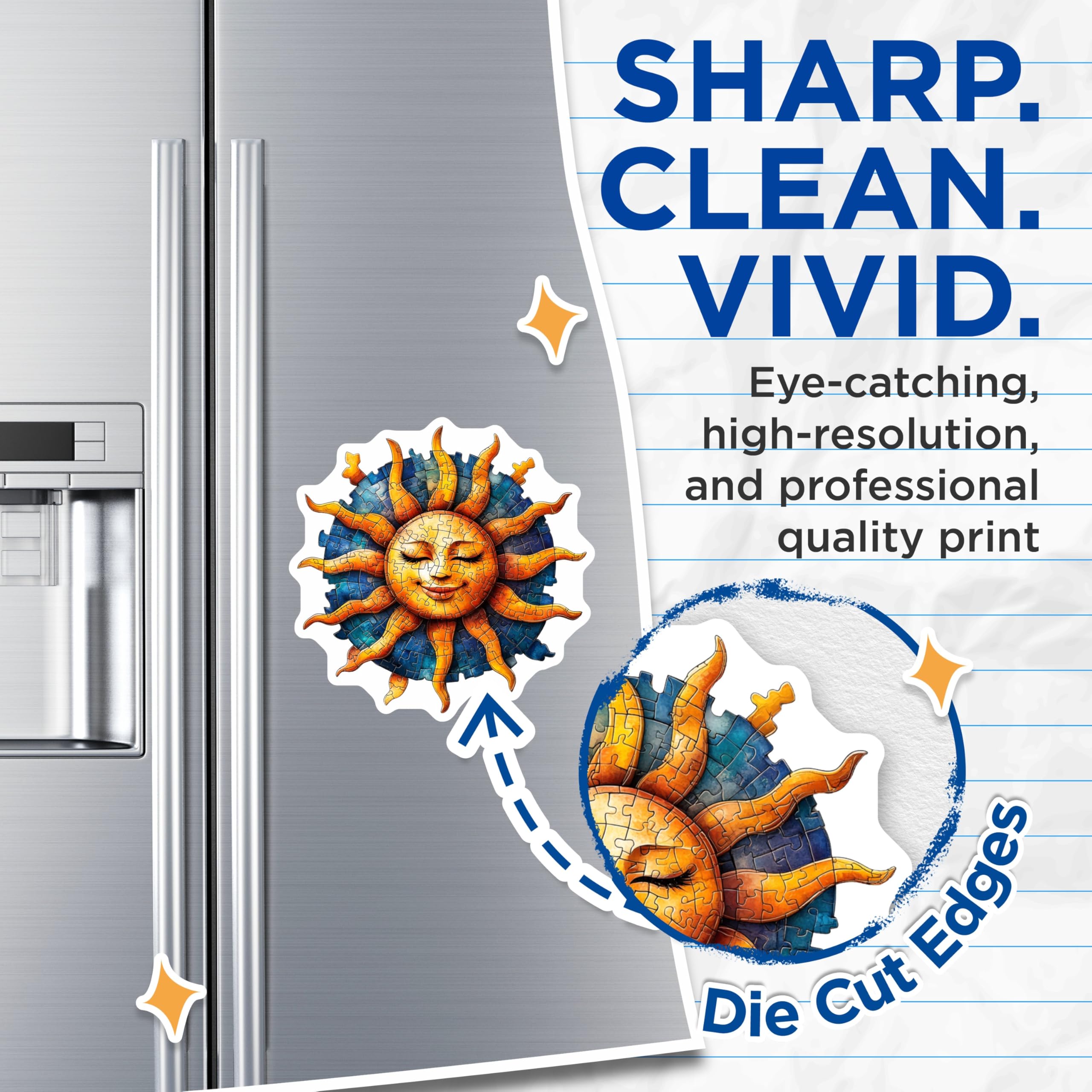 (2 Pack) Smiling Sun Puzzle Magnets - Boho Celestial Design - Refrigerator Locker Decor - 5 Inches On Longest Side - Thick Durable Magnet - Made in USA - MAG27551