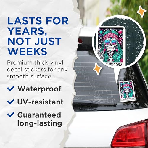 (2 Pack) La Chingona Skull Stickers - Day of The Dead Stickers - Colorful Skull Art Stickers - 5" On Longest Side - Sticks to Smooth Flat Surfaces - Made in USA - BMCS5132