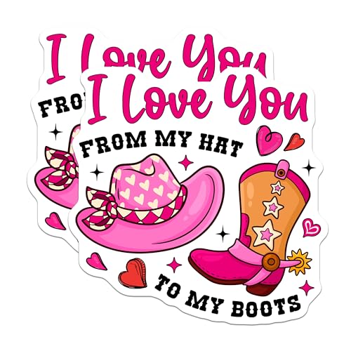 (2 Pack) I Love You Stickers - Cowboy Hat Boot Stickers - Valentine Stickers for Cowboy Lover - 5" On Longest Side - Sticks to Any Smooth Flat Surface - Made in USA - BMCS3614