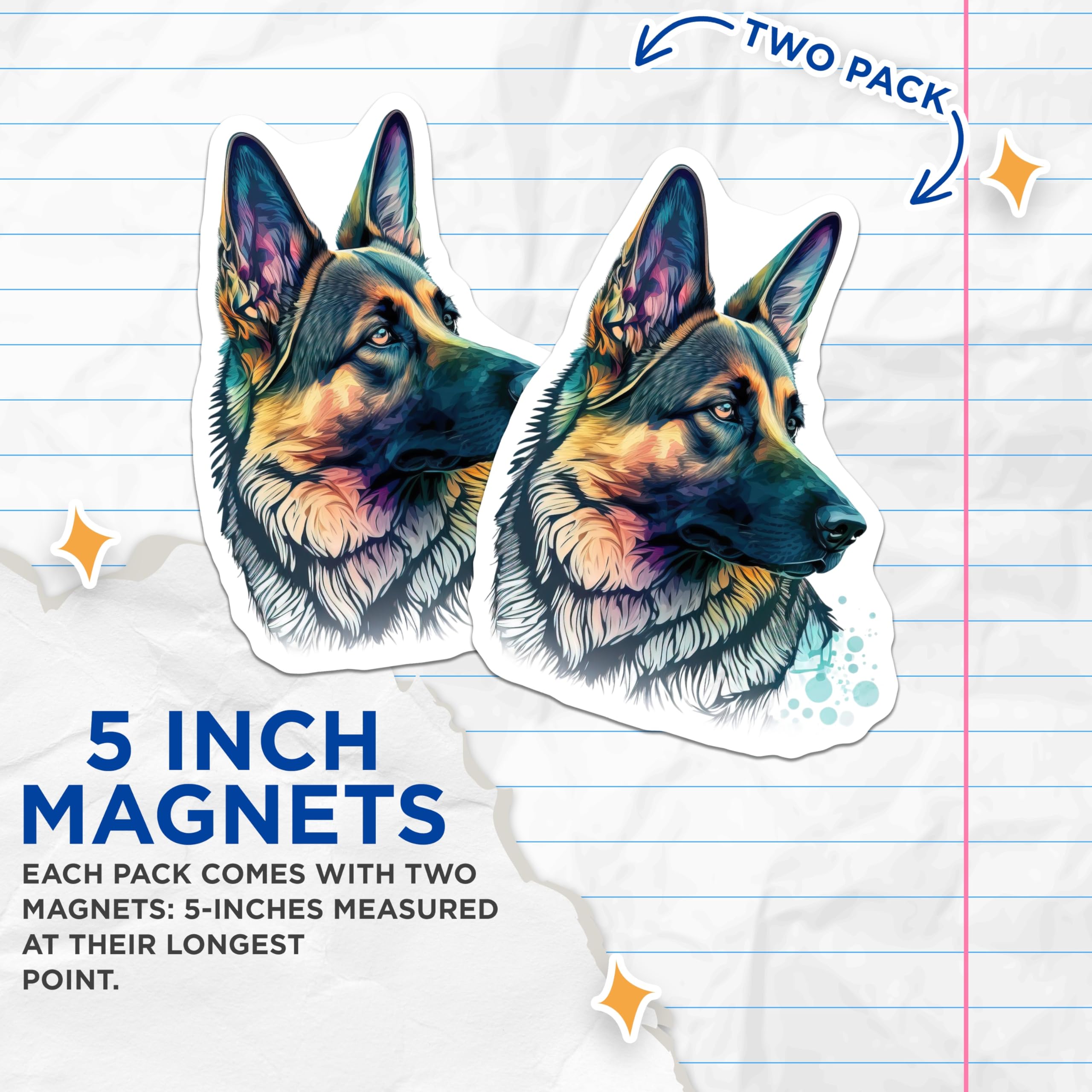 (2 Pack) German Shepherd Magnets - Colorful Dog Art - GSD Owner Decor - 5 Inches On Longest Side - Thick Durable Magnet - Made in USA - MAG29880