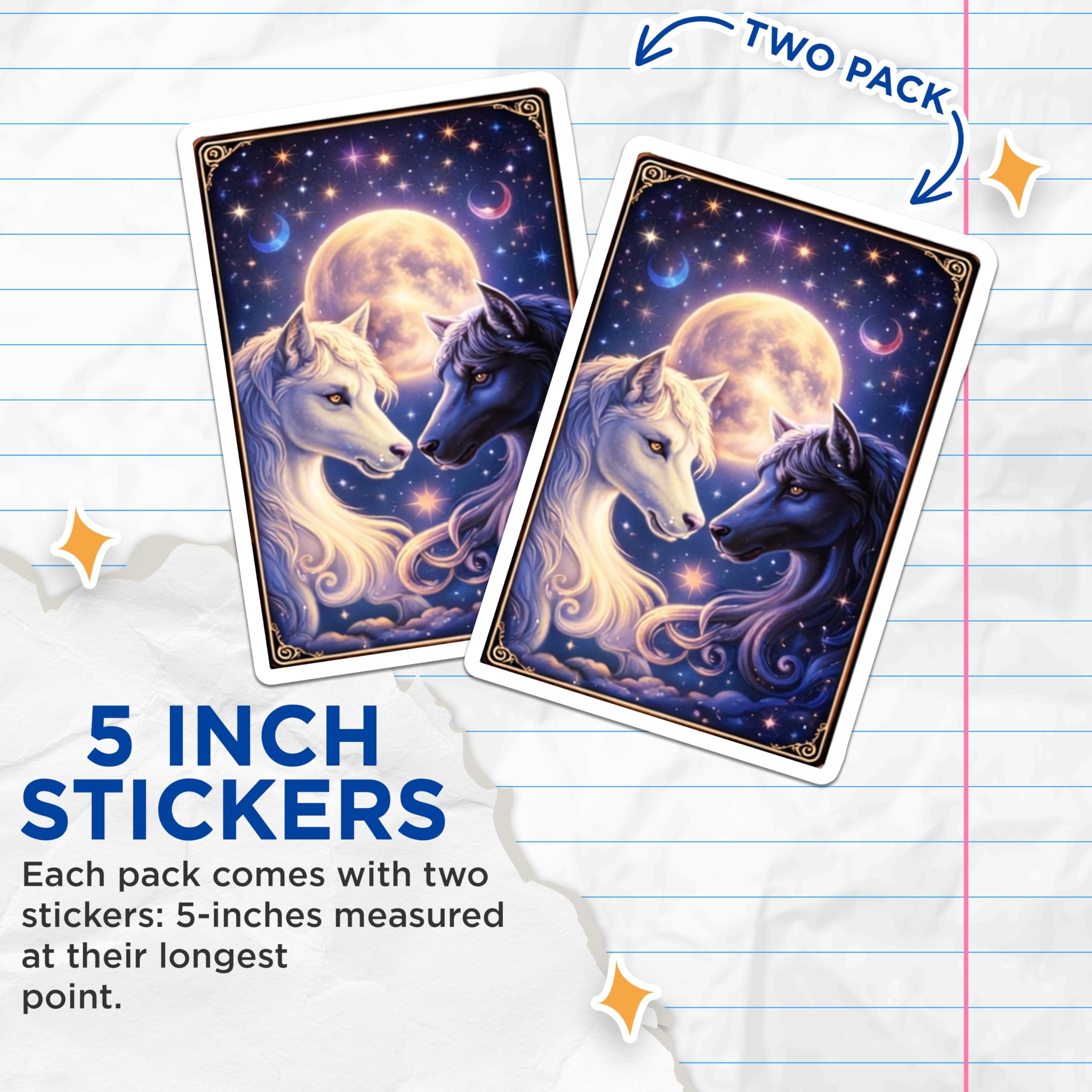(2 Pack) Celestial Wolf Stickers - Mystical Moon Art - Fantasy Animals Stickers- 5" On Longest Side - Sticks to Smooth Flat Surfaces - Made in USA - BMCS16121