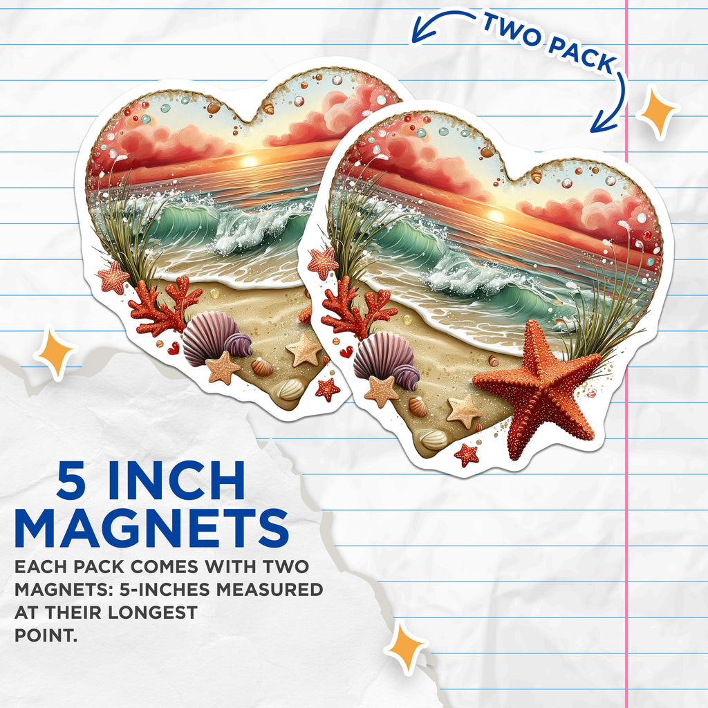 (2 Pack) Beach Sunset Ocean Waves Heart Magnets - Coastal Decor - Starfish Seashell Summer Vacation Display - 5 Inches On Longest Side - Thick Durable Magnet - Made in USA - MAG37109