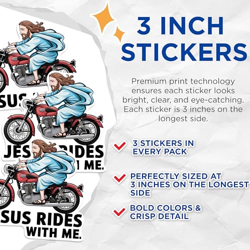 (3 Pack) Jesus Rides with Me Decals - Religious Biker Stickers - Laptop Decal - 3 Inches On Longest Side - Easy Peel & Apply - Made in USA - 3MCS0957