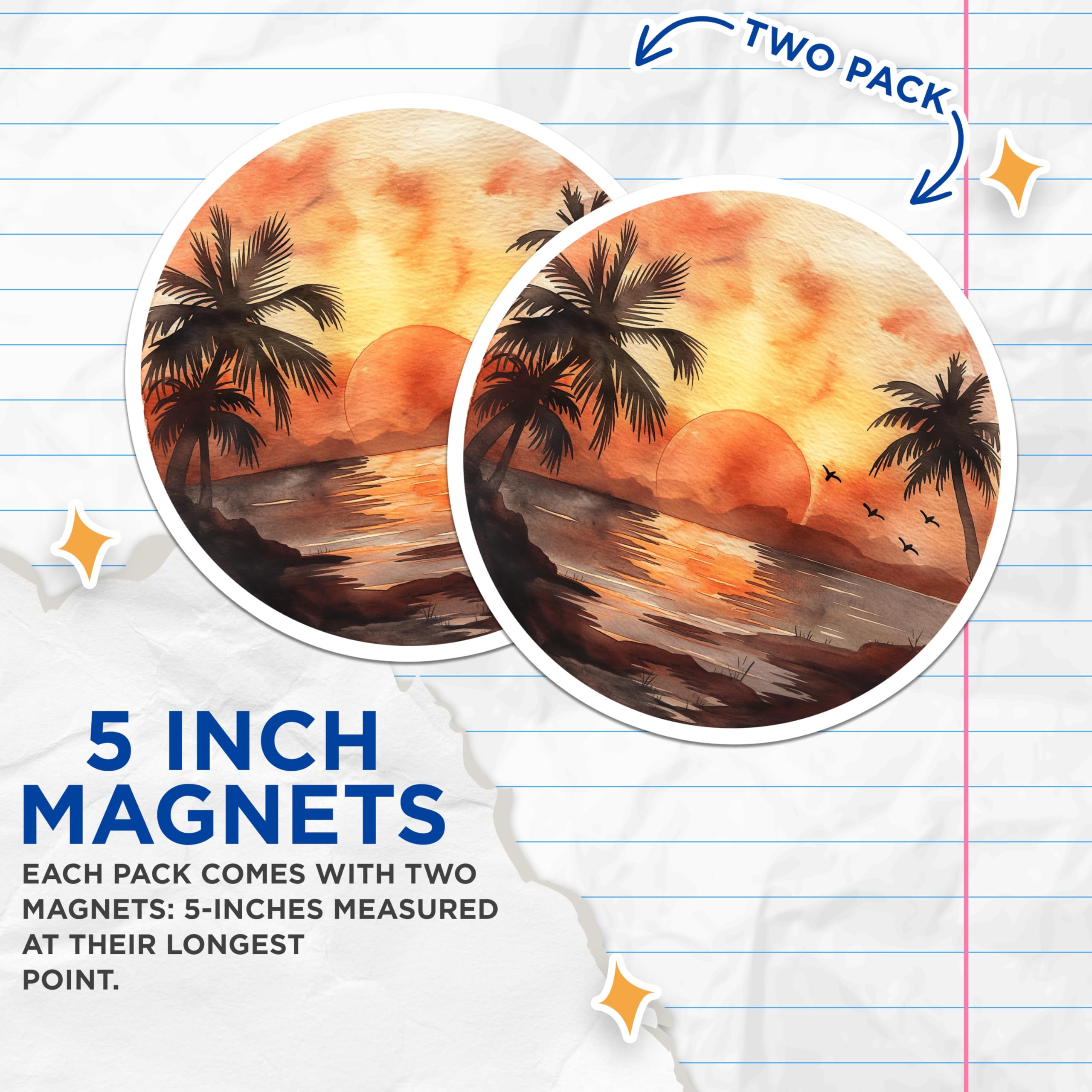 (2 Pack) Tropical Sunset Magnets - Watercolor Beach Scene - Palm Tree Ocean Art - Coastal Home Decor - Summer Vacation Vibe - 5 Inches On Longest Side - Thick Durable Magnet - Made in USA - MAG19644