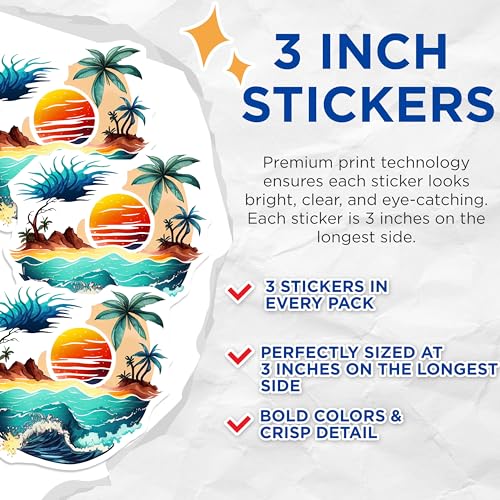 (3 Pack) Tropical Island Decals - Beach Paradise Sticker - Summer Vacation Theme - 3 Inches On Longest Side - Easy Peel & Apply - Made in USA - 3MCS8031