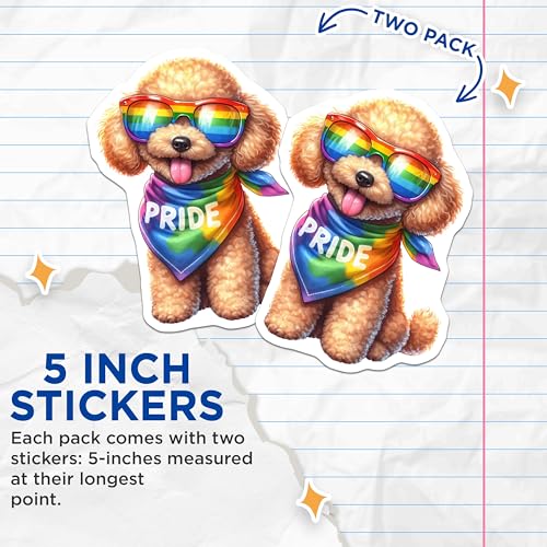 (2 Pack) Pride Dog Stickers - Cute Rainbow Pup - LGBTQ Support - Fun Dog Art Decals for Notebook Laptop - 5" On Longest Side - Sticks to Smooth Flat Surfaces - Made in USA - BMCS6704