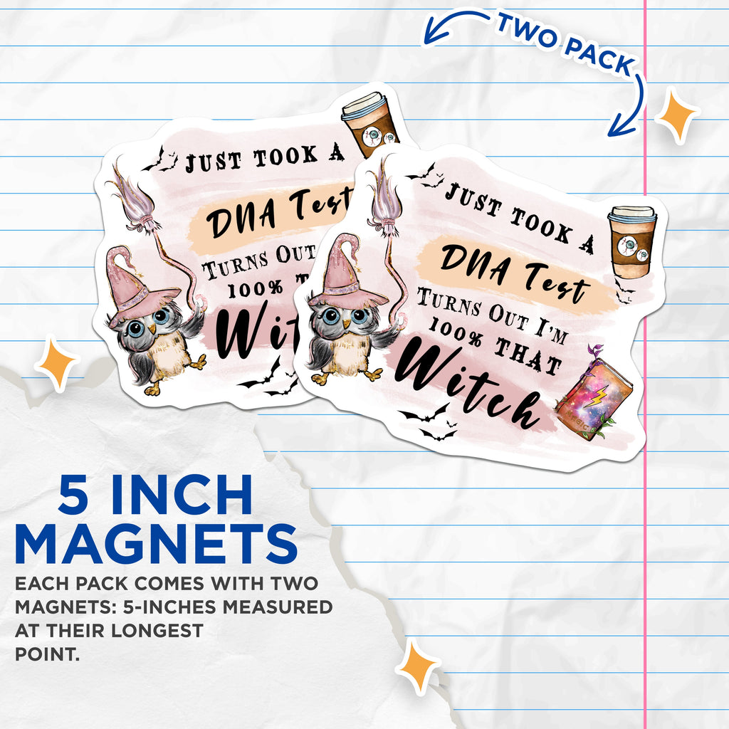 (2 Pack) 100% that Witch Magnets - Funny DNA Test Decor - Halloween Coffee Lover - Cute Spooky Vibe - 5 Inches On Longest Side - Thick Durable Magnet - Made in USA - MAG36821