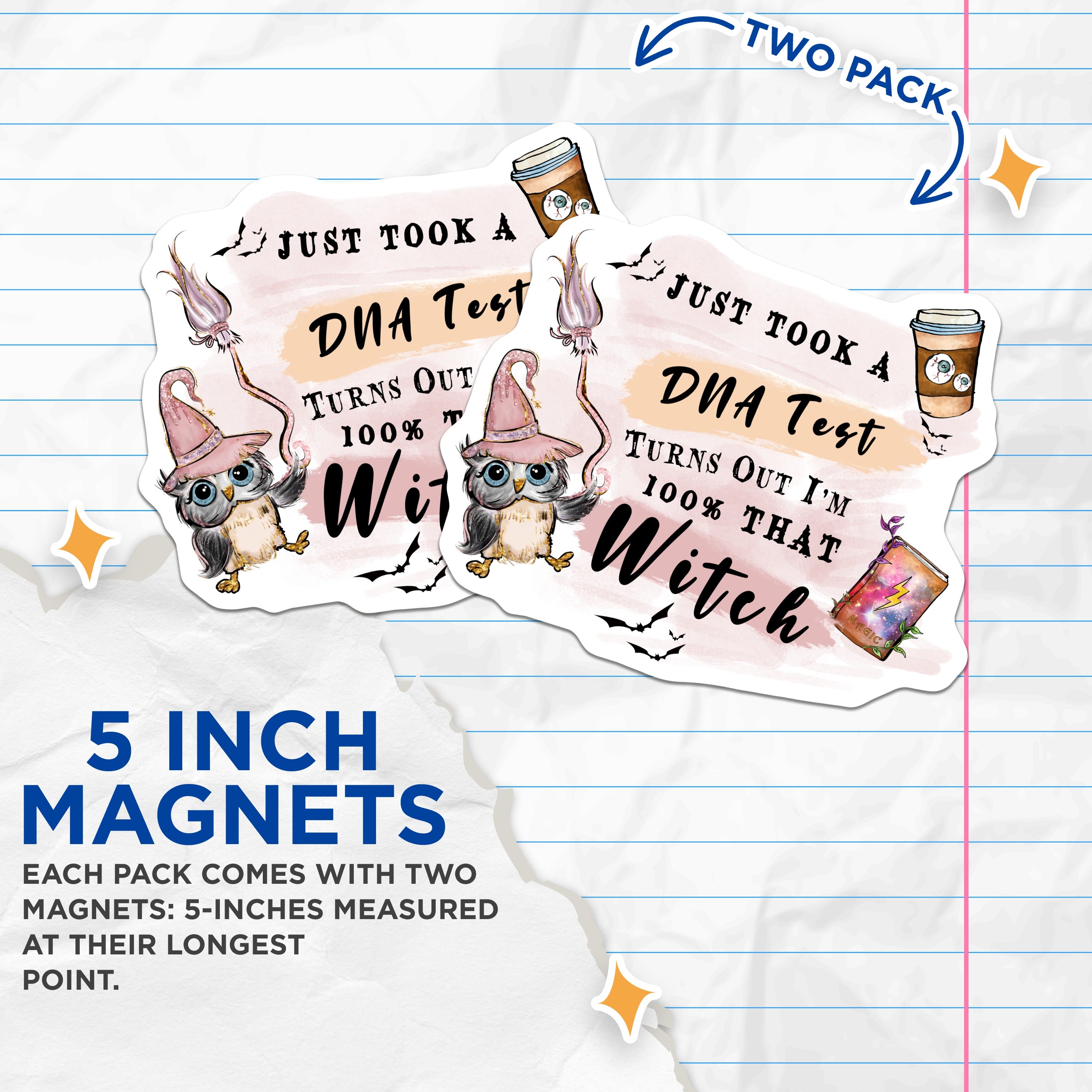 (2 Pack) 100% that Witch Magnets - Funny DNA Test Decor - Halloween Coffee Lover - Cute Spooky Vibe - 5 Inches On Longest Side - Thick Durable Magnet - Made in USA - MAG36821