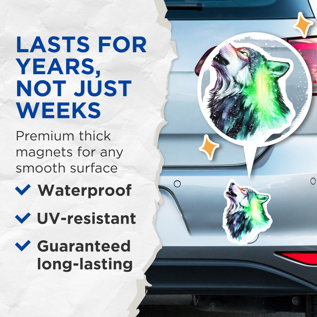 (2 Pack) Wolf Art Magnets - Howling Wolf Design - Watercolor Wolf Art - 5" On Longest Side - Premium Magnet - for Cars, Refrigerators, Toolboxes, Lockers - Made in USA - MAG15305