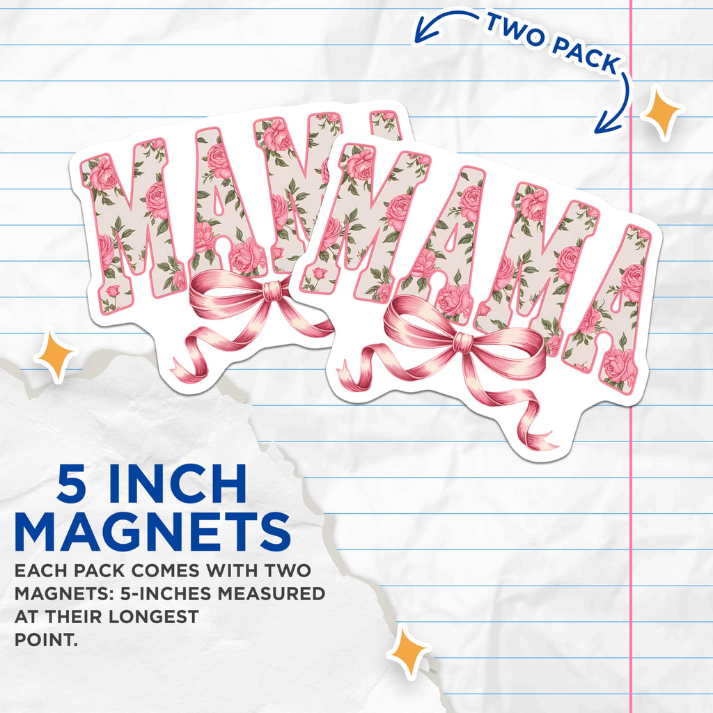 (2 Pack) Mama Floral Magnets - Delicate Pink Roses Botanical Pattern - Mother Appreciation Decor - Sweet Pink Ribbon Bow - 5 Inches On Longest Side - Thick Durable Magnet - Made in USA - MAG22432