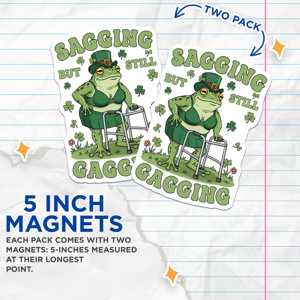 (2 Pack) Sagging Gagging Frog Magnets - St Patricks Day Humor - Funny Fridge Decor - 5" On Longest Side - Premium Magnet - for Cars, Refrigerators, Toolboxes, Lockers - Made in USA - MAG17016