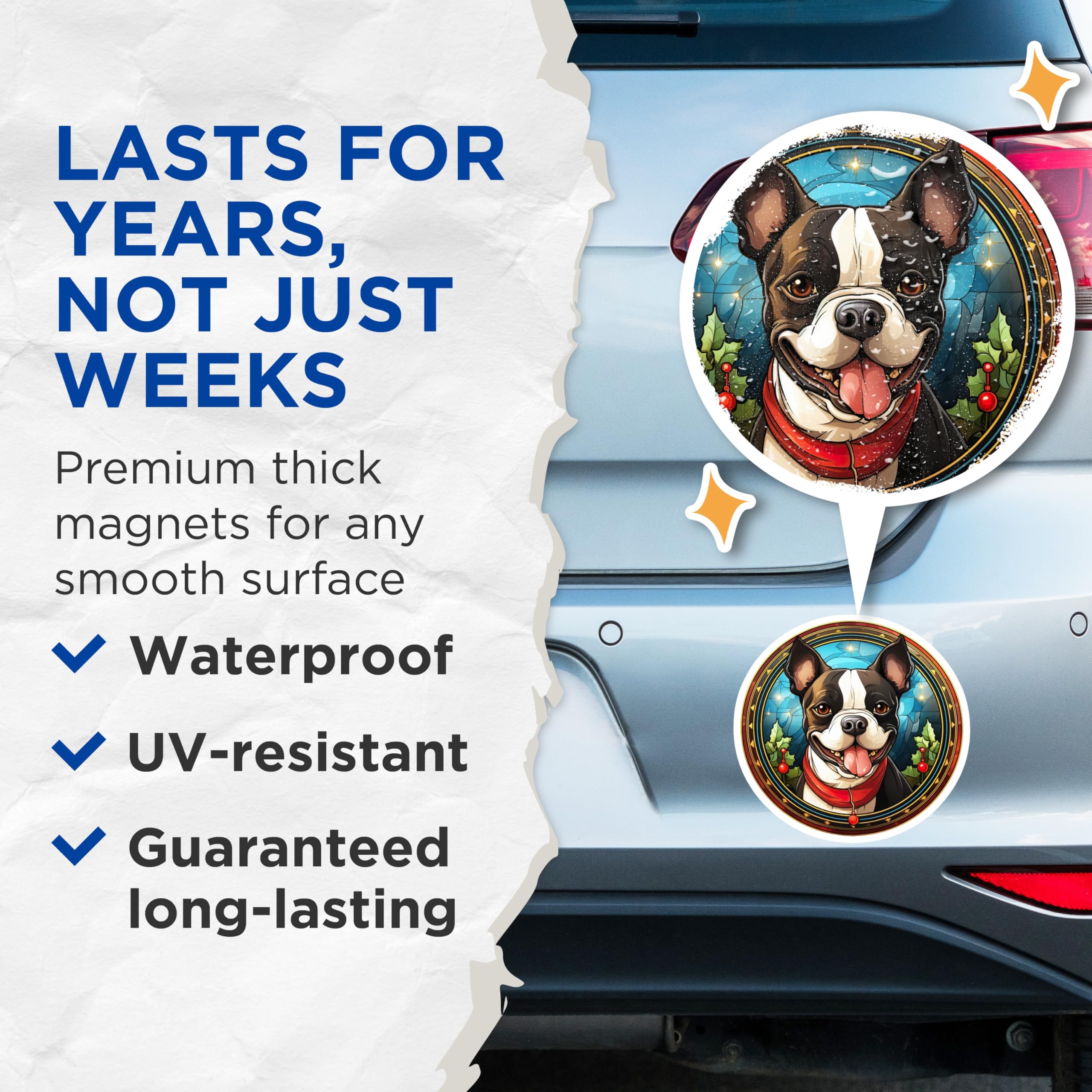 (2 Pack) Boston Terrier Christmas Magnets - Holiday Dog Decor - Stained Glass Pet Lover Refrigerator Art - 5 Inches On Longest Side - Thick Durable Magnet - Made in USA - MAG26035