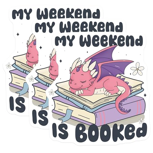 (3 Pack) Dragon Reading Decals - Book Lover - My Weekend is Booked Sticker - 3 Inches On Longest Side - Easy Peel & Apply - Made in USA - 3MCS4690