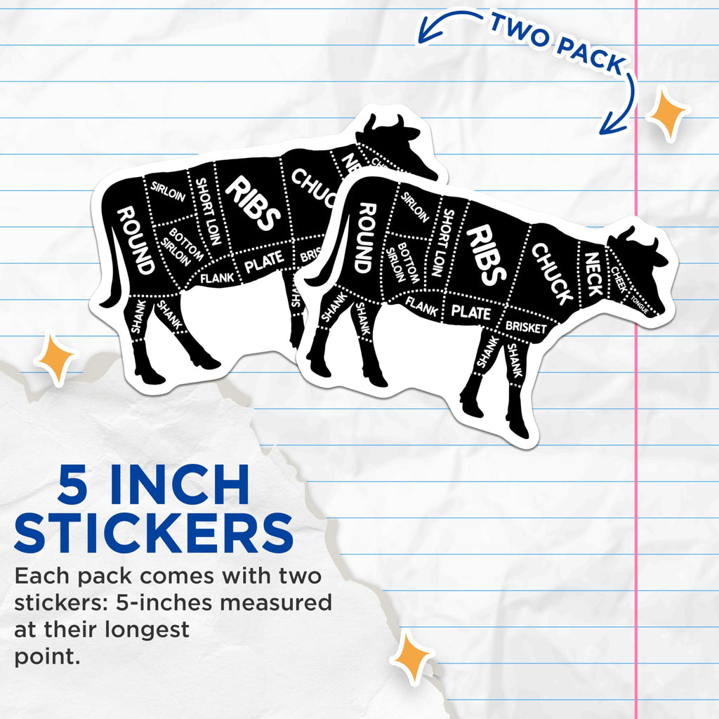 (2 Pack) Beef Cuts Chart Stickers - 5" On Longest Side - Sticks to Smooth Flat Surfaces - Made in USA - BMCS9219 - BMCS9219