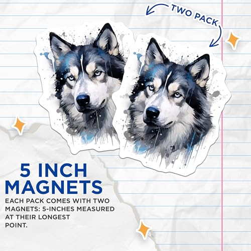 (2 Pack) Watercolor Husky Magnets - Majestic Wolf Art - Blue Eyed Dog Lover Decor - 5 Inches On Longest Side - Thick Durable Magnet - Made in USA - MAG29191