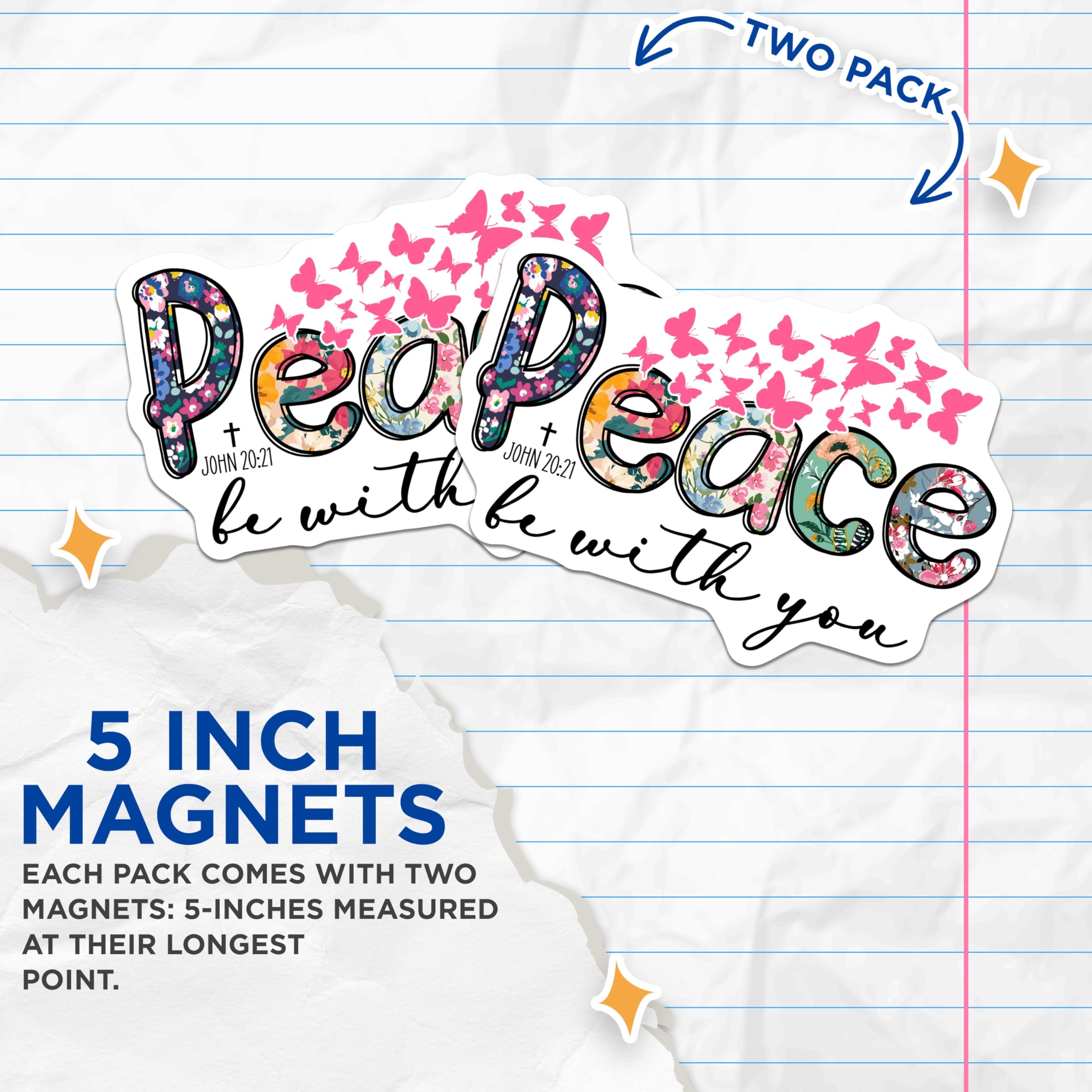 (2 Pack) Peace Be with You Magnets - Christian Inspirational - Floral Butterfly - Scripture Home Decor - John 20:21-5 Inches On Longest Side - Thick Durable Magnet - Made in USA - MAG28203