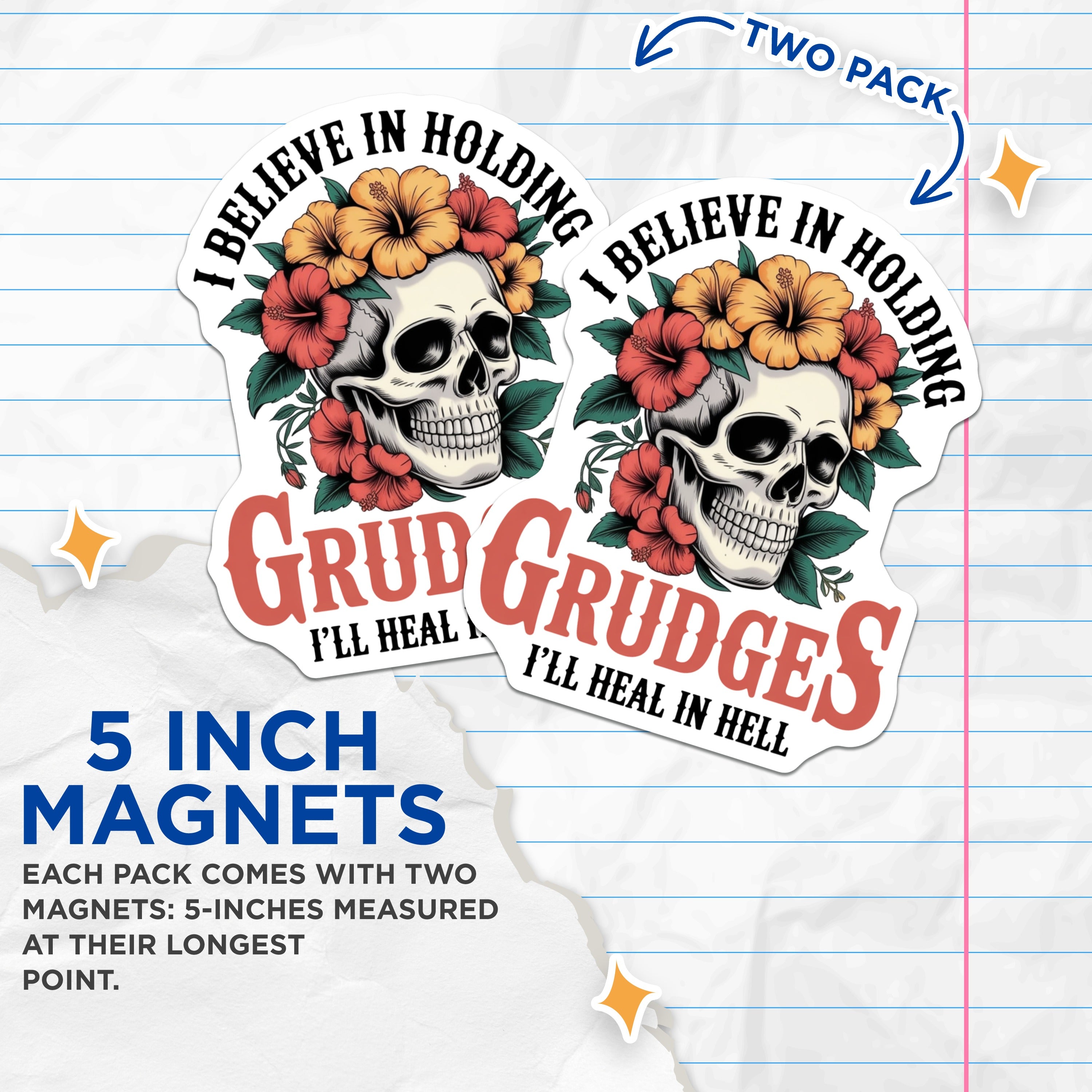 (2 Pack) Grudge Skull Magnets - Funny Sarcastic Kitchen Decor - Dark Humor Refrigerator Statement Accessories - 5 Inches On Longest Side - Thick Durable Magnet - Made in USA - MAG36396