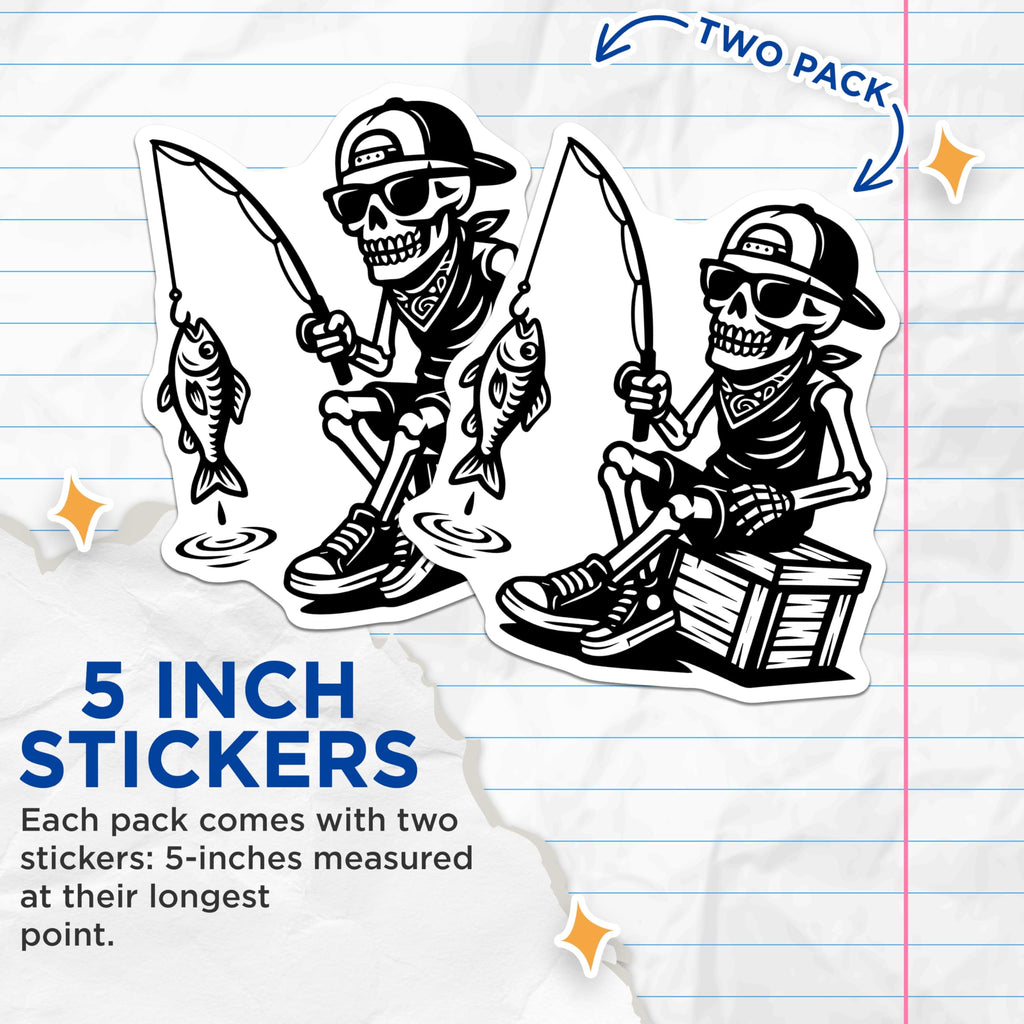 (2 Pack) Fishing Skeleton Stickers - Fisherman Grim Reaper - Funny Angler Decals- 5" On Longest Side - Sticks to Smooth Flat Surfaces - Made in USA - BMCS16727