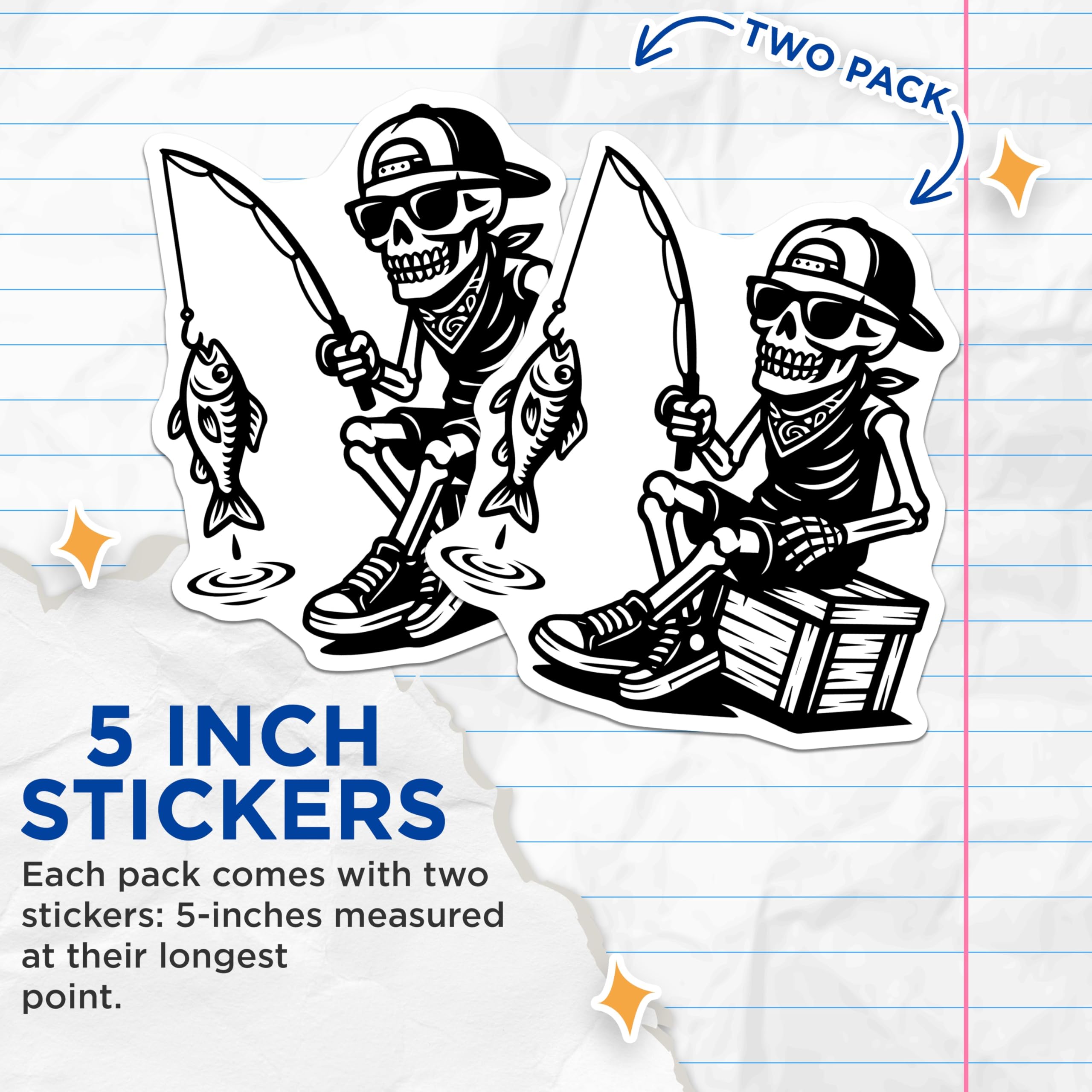 (2 Pack) Fishing Skeleton Stickers - Fisherman Grim Reaper - Funny Angler Decals- 5" On Longest Side - Sticks to Smooth Flat Surfaces - Made in USA - BMCS16727