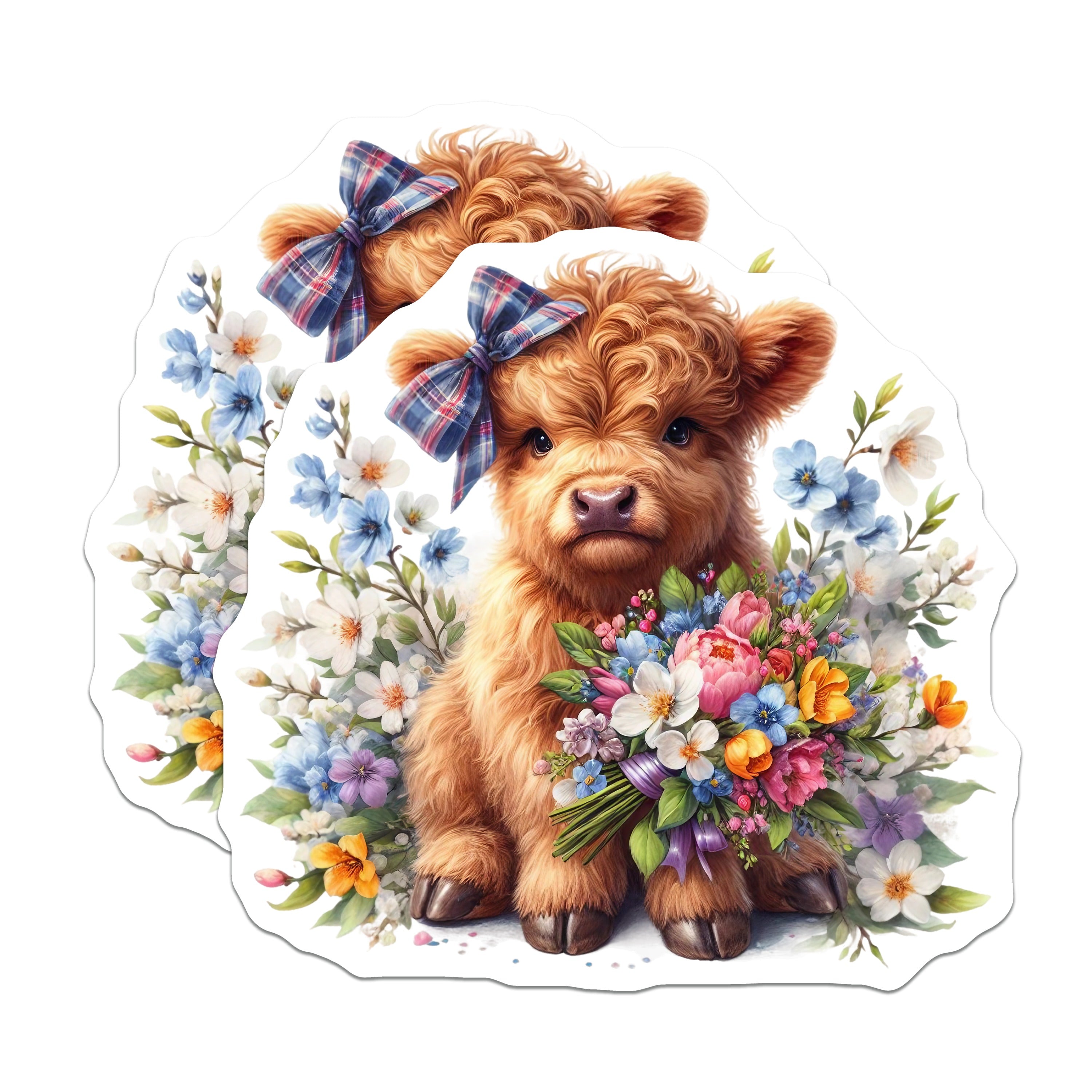 (2 Pack) Cute Highland Cow Magnets - Whimsical Baby Calf Decor - Floral Farmhouse Refrigerator Art - 5 Inches On Longest Side - Thick Durable Magnet - Made in USA - MAG39605