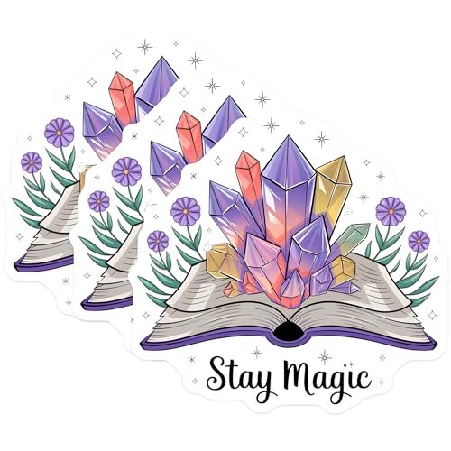 (3 Pack) Stay Magic Decals - Crystals and Book - Magical Laptop Decal- 3 Inches On Longest Side - Easy Peel & Apply - Made in USA - 3MCS5238
