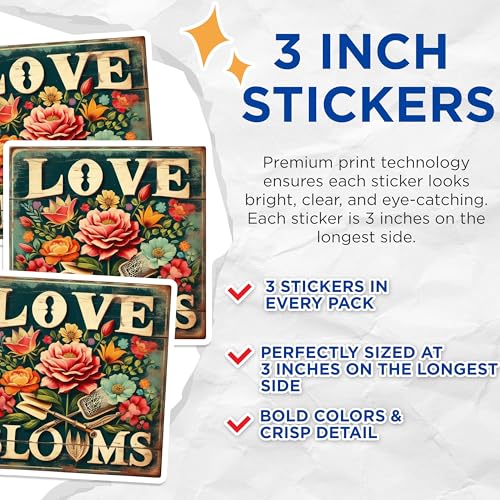 (3 Pack) Floral Love Blooms Decals - Garden Decor Stickers - Laptop Decal - Planner Stickers- 3 Inches On Longest Side - Easy Peel & Apply - Made in USA - 3MCS5865