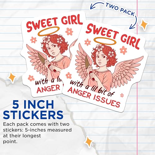 (2 Pack) Sweet Girl with Anger Issues Stickers - Funny Angel Character - Humorous Sticker Art - 5" On Longest Side - Sticks to Smooth Flat Surfaces - Made in USA - BMCS5692