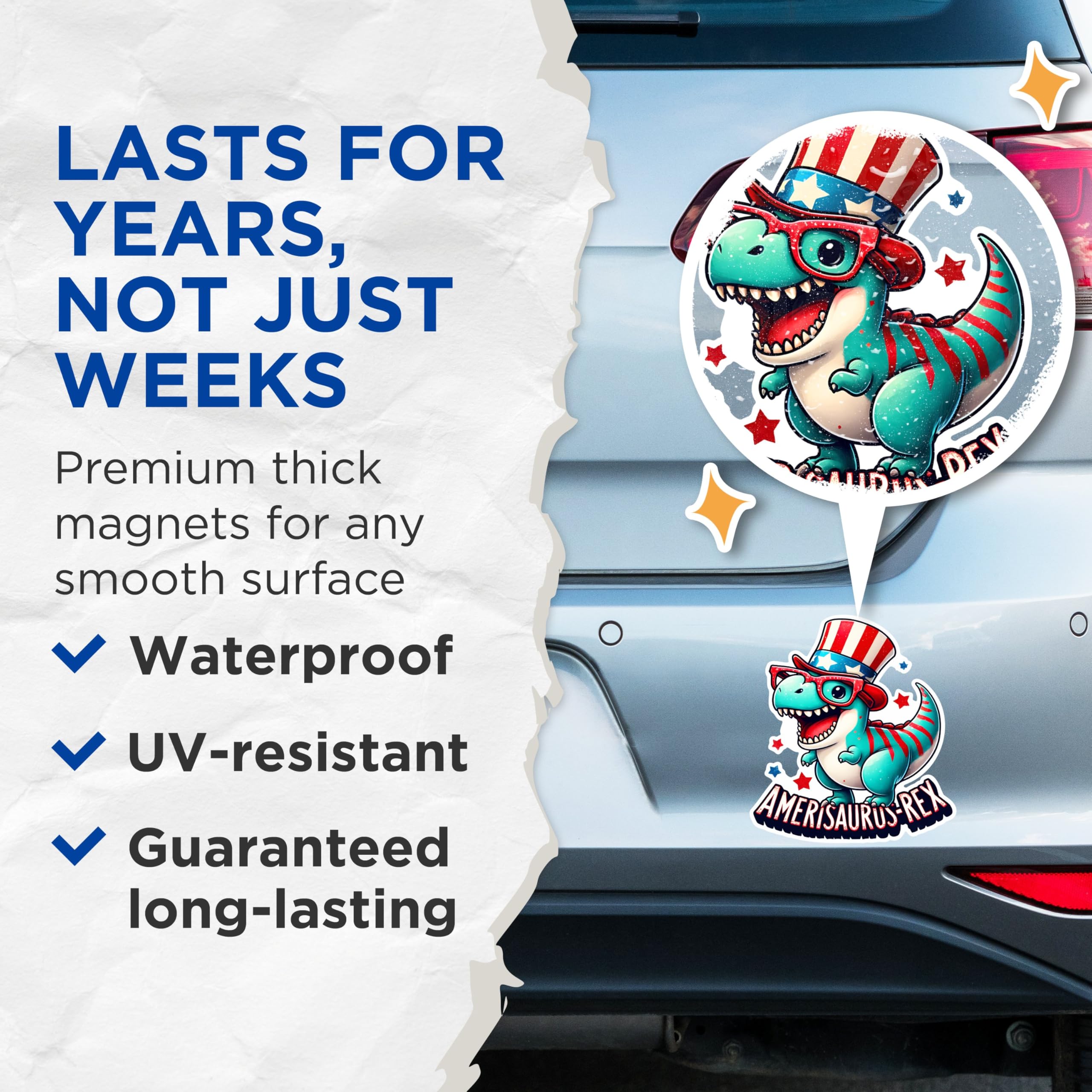 (2 Pack) Amerisaurus-Rex Magnets - Patriotic Dinosaur Magnets - Cute T-Rex Magnets - July 4th Decor Magnets- 5" On Longest Side - for Fridges, Toolboxes, Cars - Made in USA - MAG2719