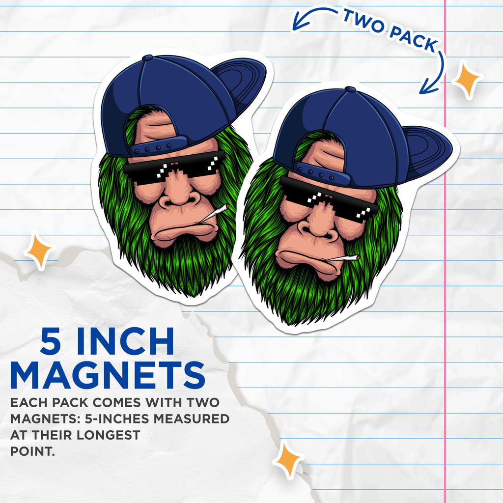 (2 Pack) Bigfoot Magnets - Sasquatch Thug Life Style Green Hair - Yeti Pixel Sunglasses Smoker Cryptid Refrigerator Art - 5 Inches On Longest Side - Thick Durable Magnet - Made in USA - MAG22709