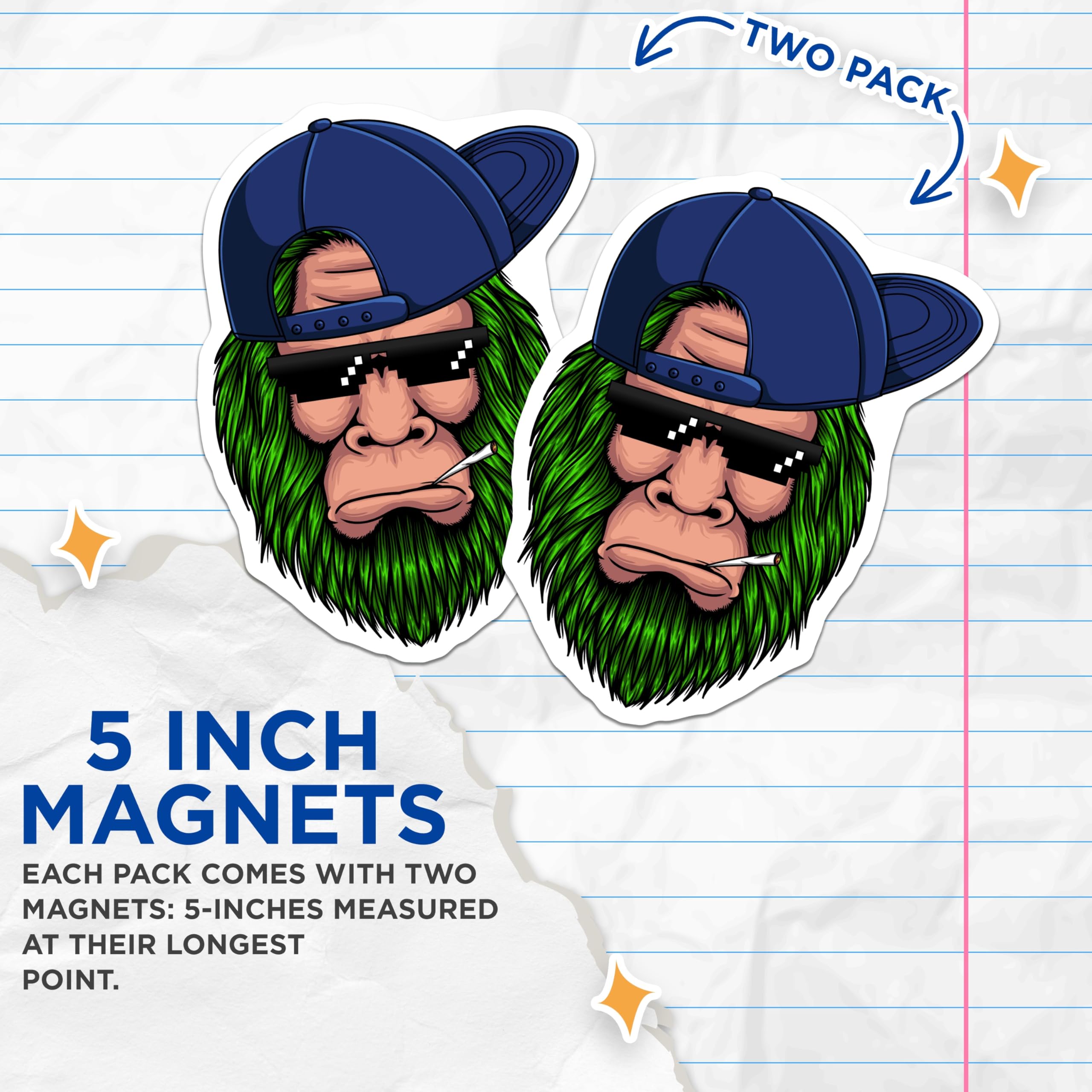 (2 Pack) Bigfoot Magnets - Sasquatch Thug Life Style Green Hair - Yeti Pixel Sunglasses Smoker Cryptid Refrigerator Art - 5 Inches On Longest Side - Thick Durable Magnet - Made in USA - MAG22709
