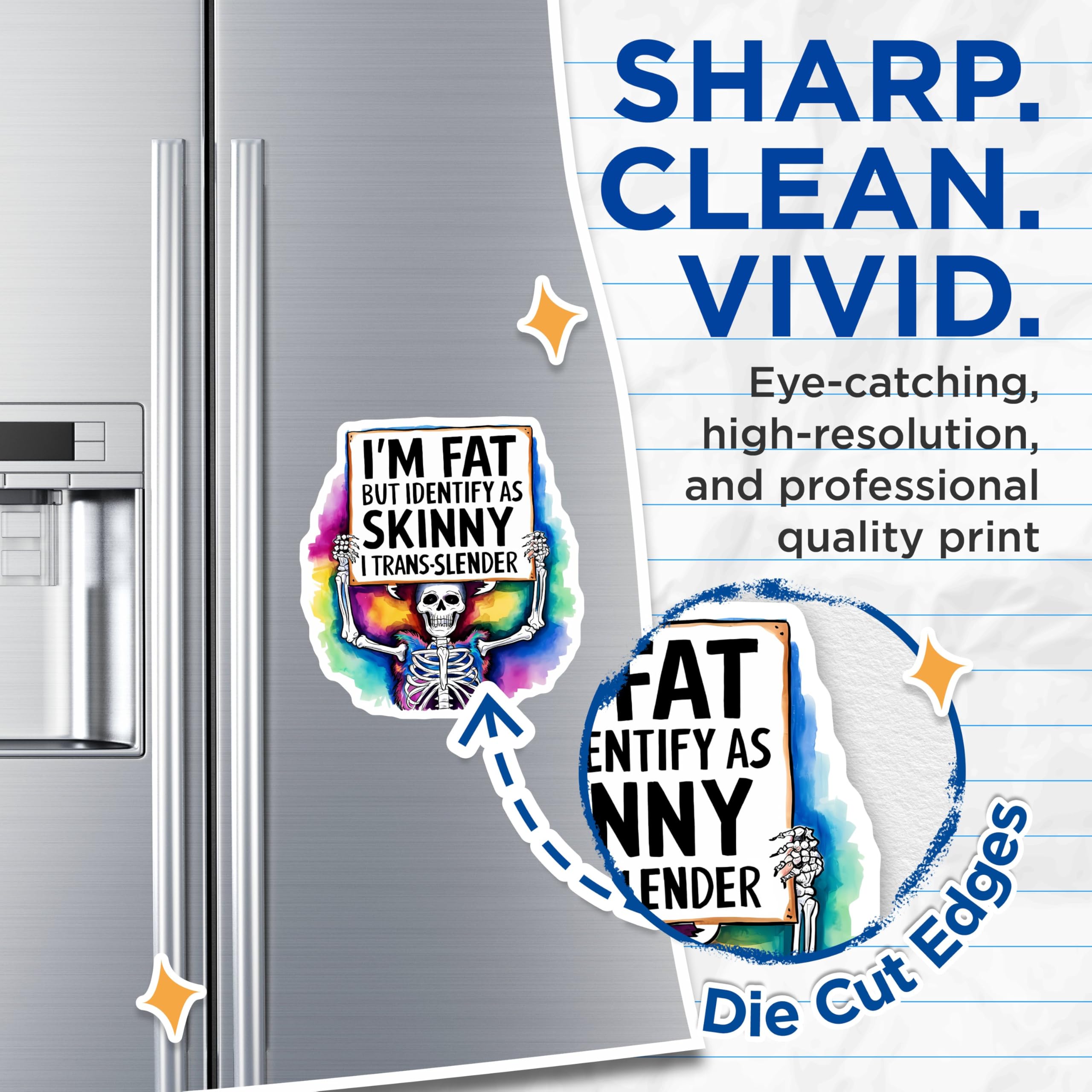 (2 Pack) I'm Fat But Identify As Skinny Magnets - Funny Skeleton - Trans-Slender Humor - Sarcastic Rainbow Magnet - 5" On Longest Side - for Cars, Fridges, Toolboxes - Made in USA - MAG4261